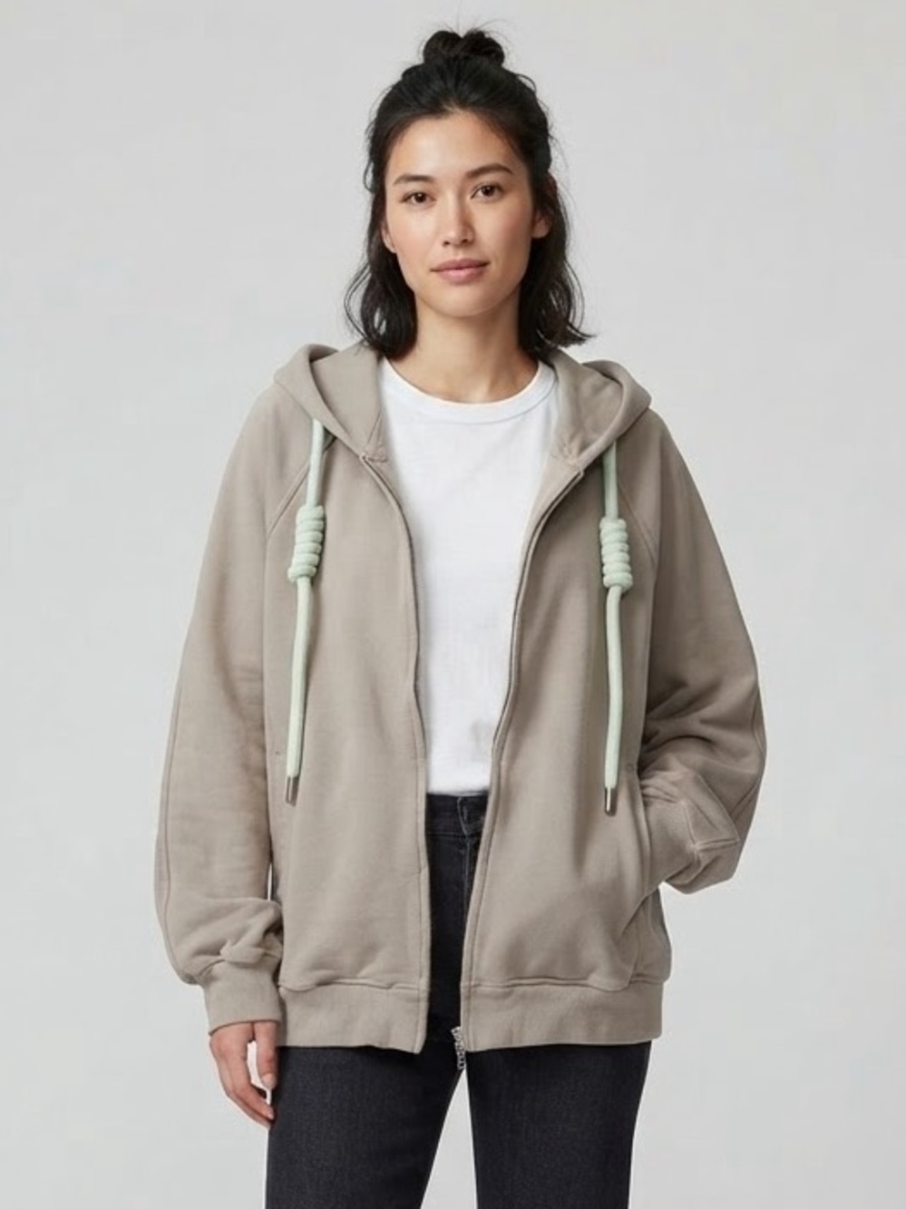 Oversized Fleece Lined Zip Hoodie in Taupe with Statement Drawcords